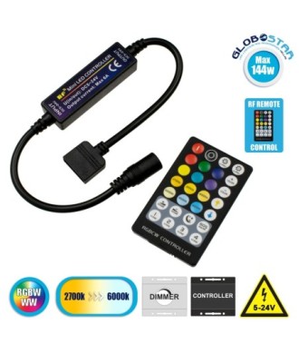 GLOBOSTAR® CONTROLI 73427 Σετ Dimmer - Controller με RF Ασύρματο Χειριστήριο με 5 x 1.2A 28.8W Κανάλια DC 5-24V 6A 144W Max IP20 - RF2.4Ghz - Μ30 x Π1.7 x Υ1.1cm - 2 Χρόνια Εγγύηση